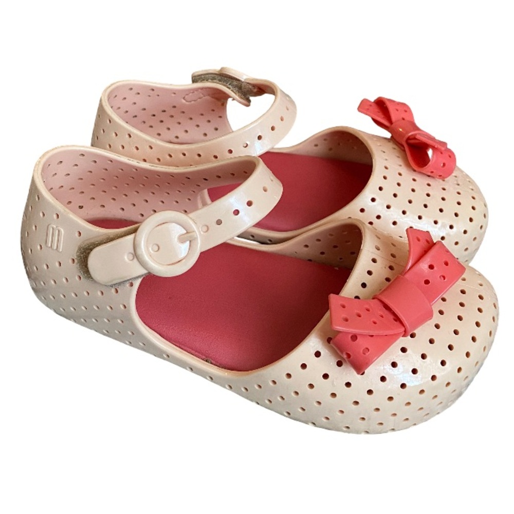 Mini Melissa pink and beige Pop Flat bow accent velcro jelly sandals size US 9